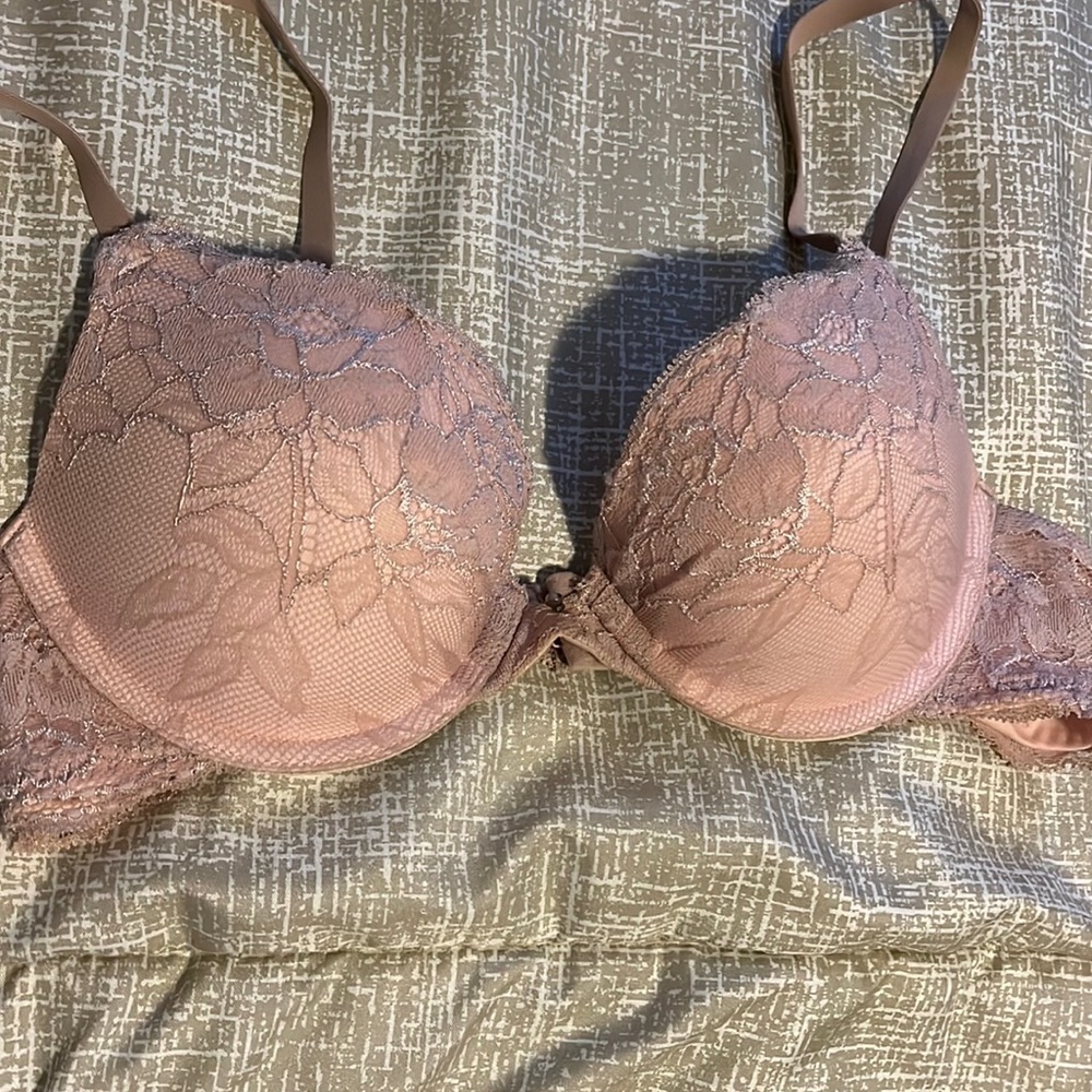 Pink bra w/ champagne lace overlay